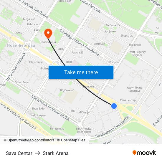 Sava Centar to Stark Arena map