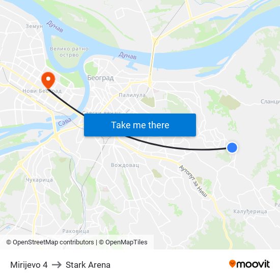 Mirijevo 4 to Stark Arena map