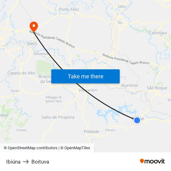 Ibiúna to Boituva map