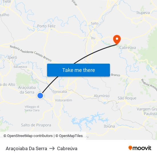 Araçoiaba Da Serra to Cabreúva map