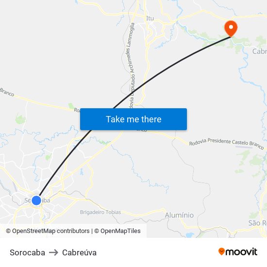 Sorocaba to Cabreúva map