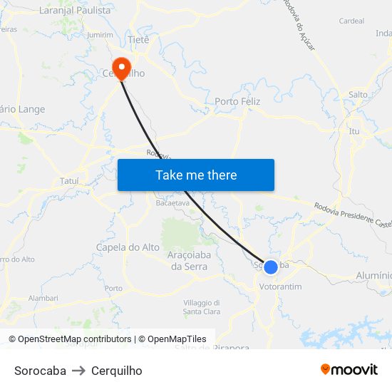 Sorocaba to Cerquilho map