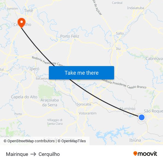 Mairinque to Cerquilho map