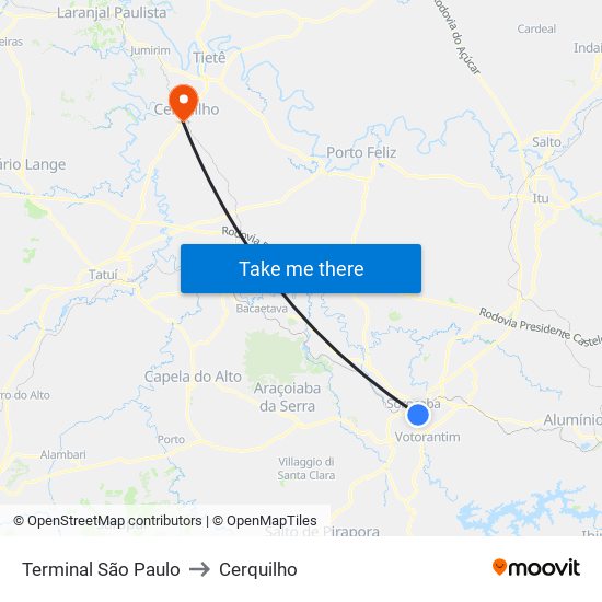 Terminal São Paulo to Cerquilho map