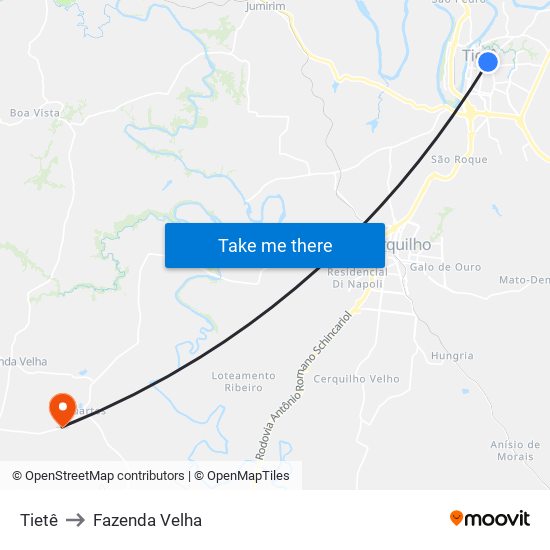 Tietê to Fazenda Velha map