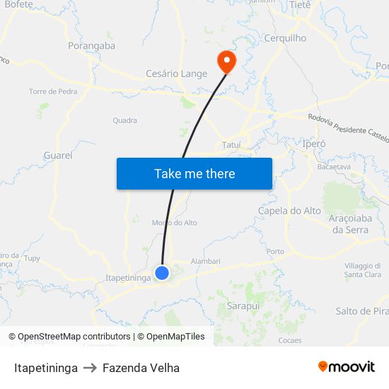Itapetininga to Fazenda Velha map