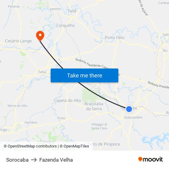 Sorocaba to Fazenda Velha map