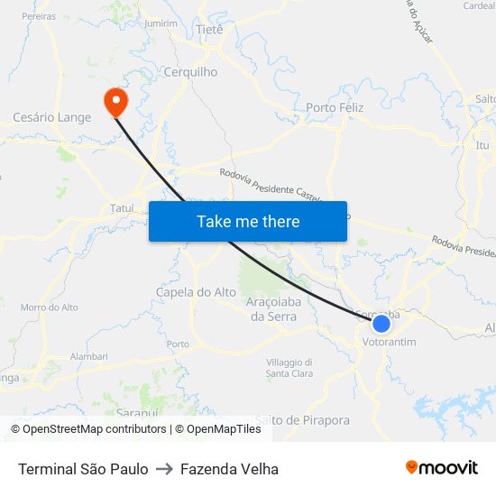 Terminal São Paulo to Fazenda Velha map