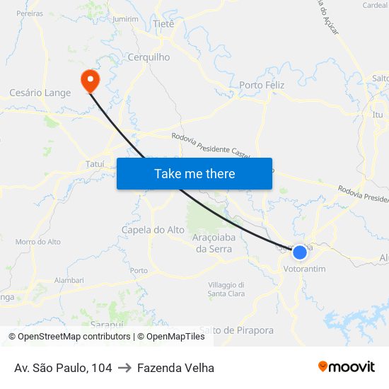 Av. São Paulo, 104 to Fazenda Velha map