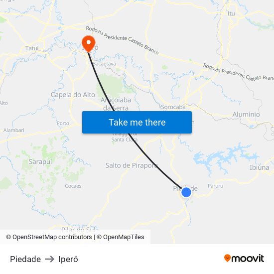 Piedade to Iperó map