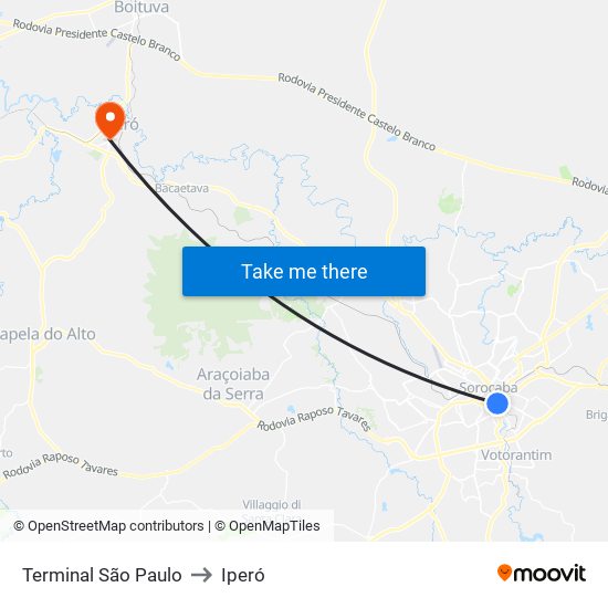Terminal São Paulo to Iperó map