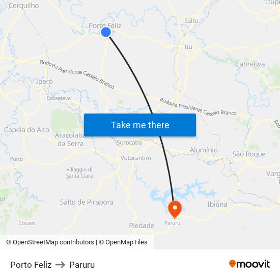Porto Feliz to Paruru map