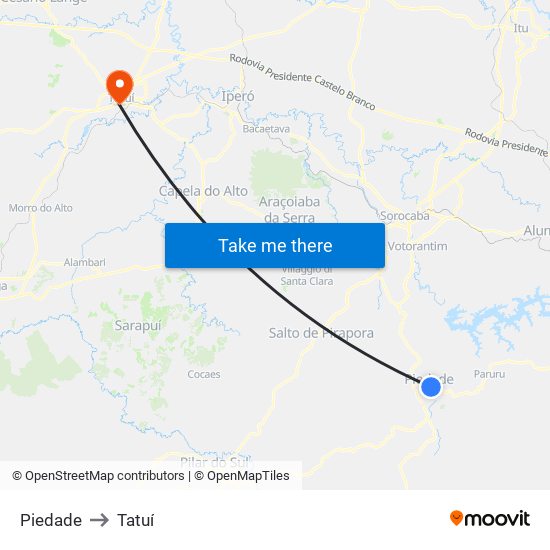 Piedade to Tatuí map