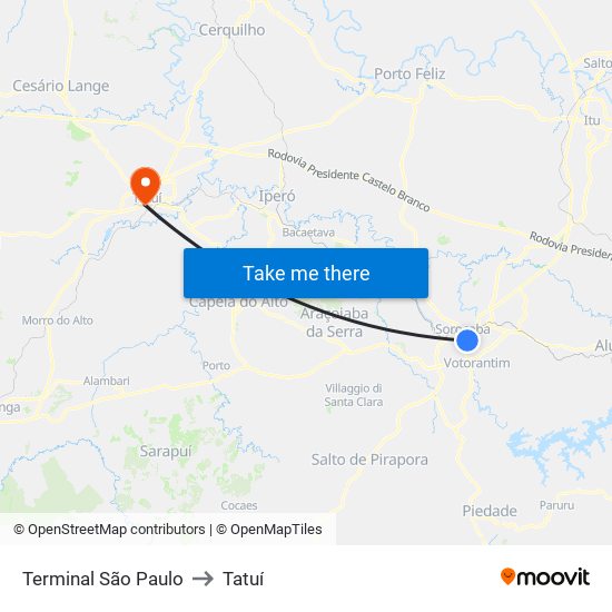 Terminal São Paulo to Tatuí map