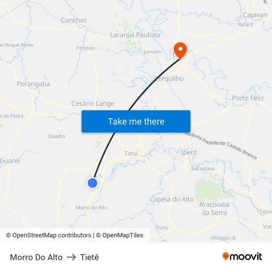 Morro Do Alto to Tietê map