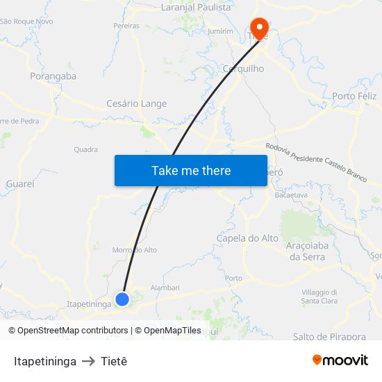 Itapetininga to Tietê map
