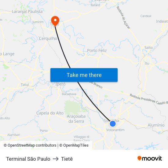 Terminal São Paulo to Tietê map