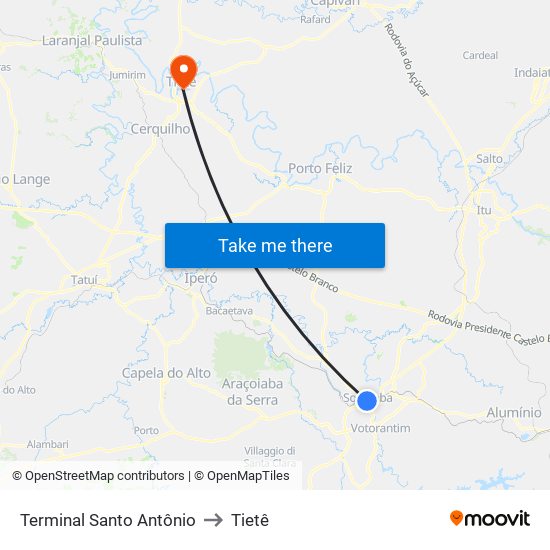 Terminal Santo Antônio to Tietê map