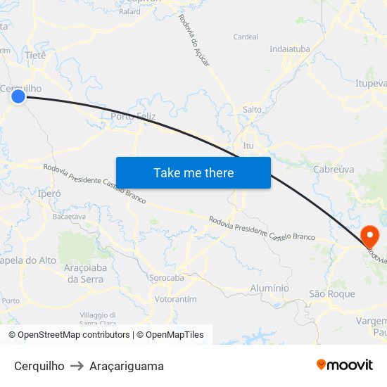 Cerquilho to Araçariguama map