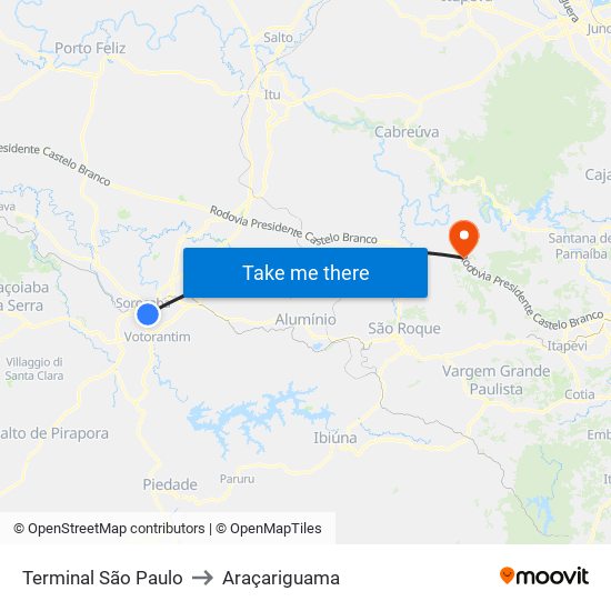 Terminal São Paulo to Araçariguama map