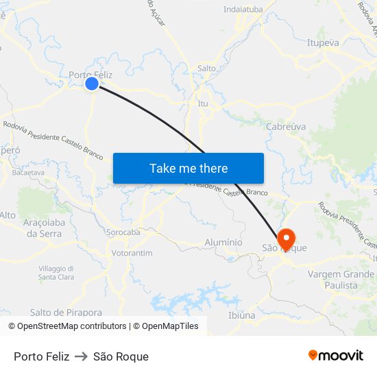 Porto Feliz to São Roque map