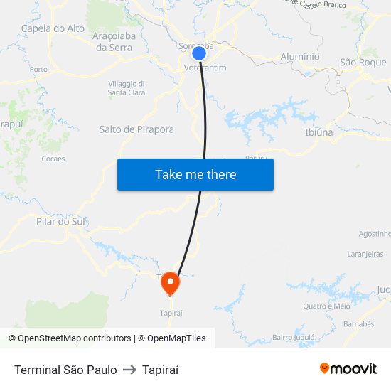 Terminal São Paulo to Tapiraí map