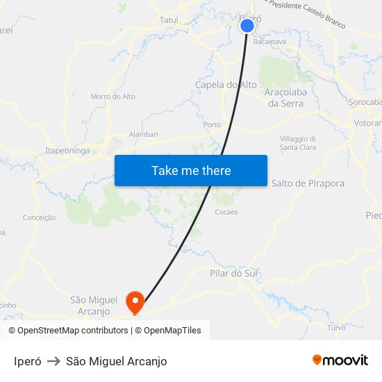 Iperó to São Miguel Arcanjo map