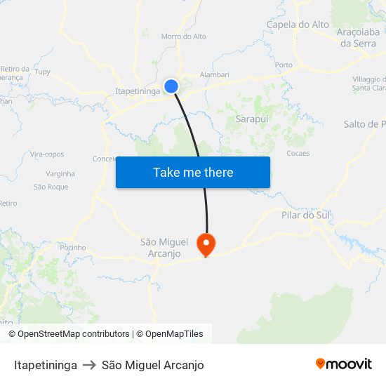 Itapetininga to São Miguel Arcanjo map