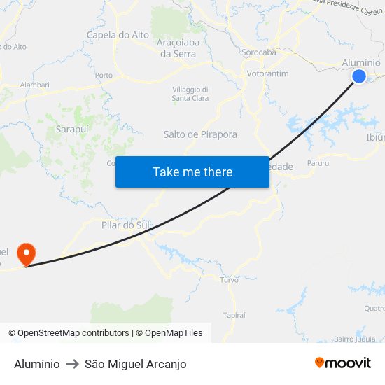 Alumínio to São Miguel Arcanjo map