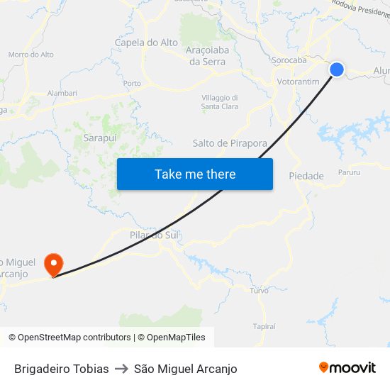 Brigadeiro Tobias to São Miguel Arcanjo map
