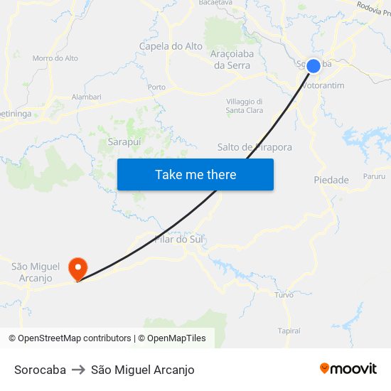 Sorocaba to São Miguel Arcanjo map