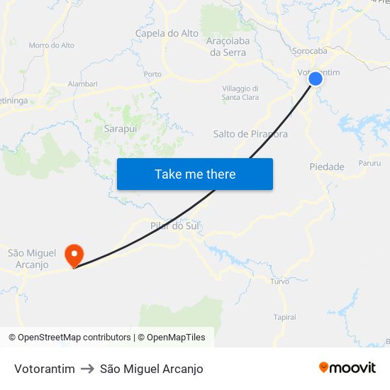 Votorantim to São Miguel Arcanjo map