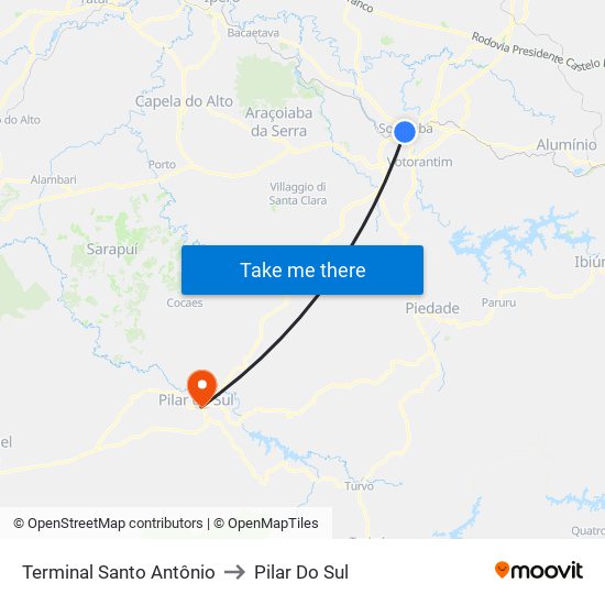 Terminal Santo Antônio to Pilar Do Sul map