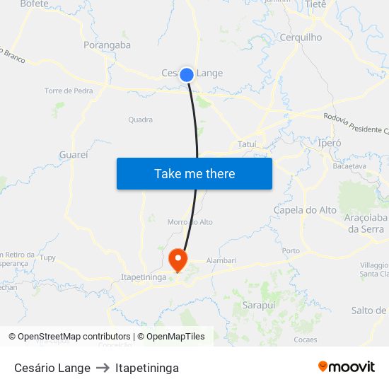 Cesário Lange to Itapetininga map