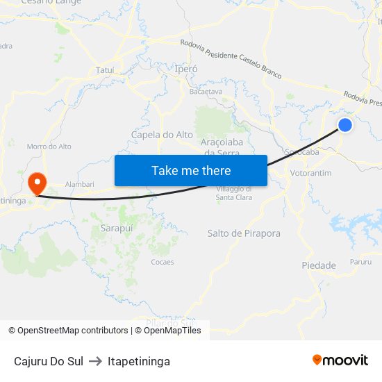 Cajuru Do Sul to Itapetininga map