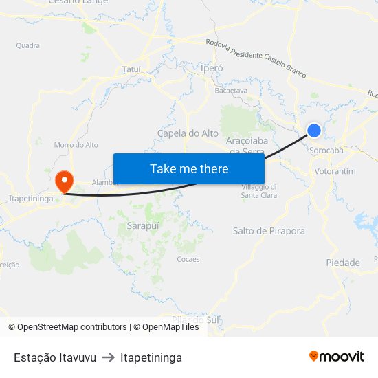 Estação Itavuvu to Itapetininga map