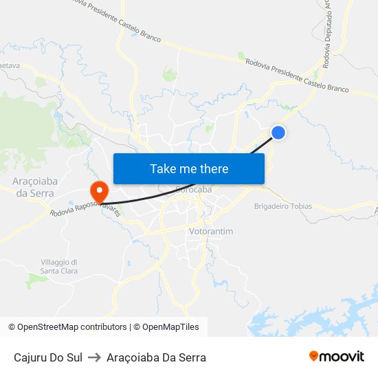 Cajuru Do Sul to Araçoiaba Da Serra map