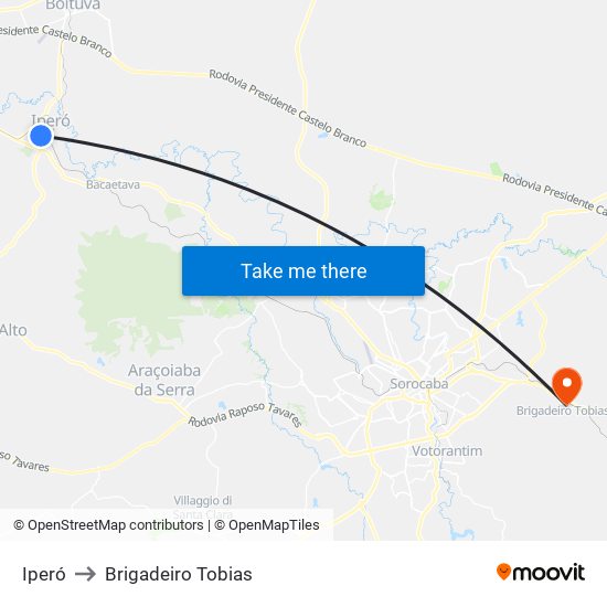 Iperó to Brigadeiro Tobias map