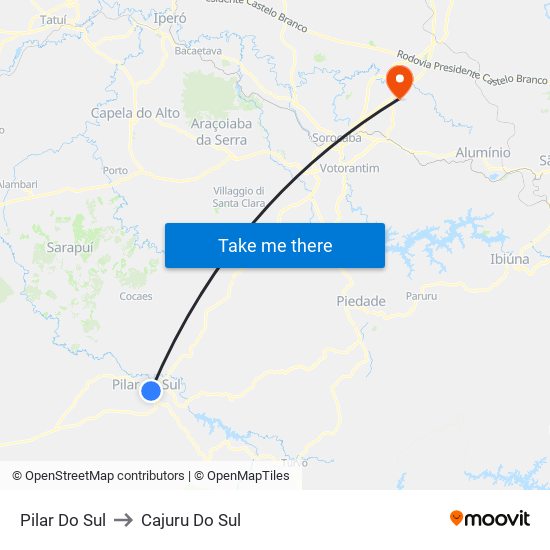 Pilar Do Sul to Cajuru Do Sul map