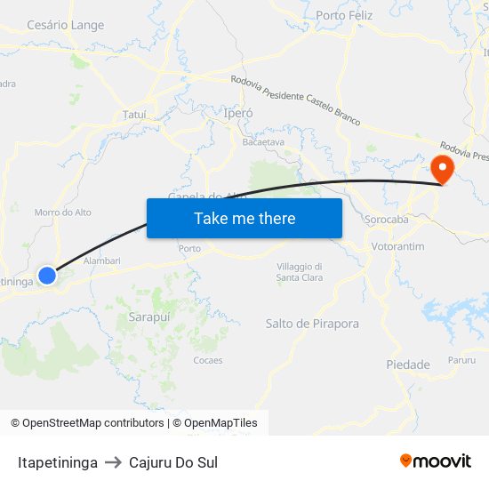 Itapetininga to Cajuru Do Sul map
