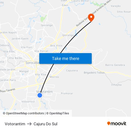 Votorantim to Cajuru Do Sul map