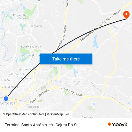 Terminal Santo Antônio to Cajuru Do Sul map