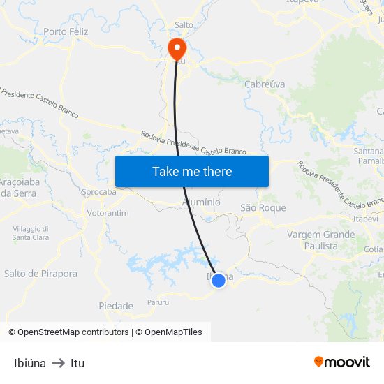 Ibiúna to Itu map