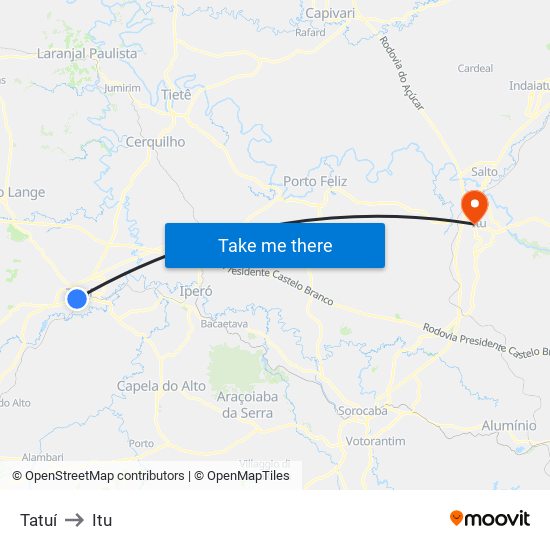 Tatuí to Itu map