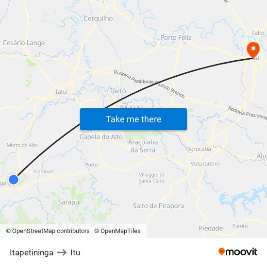 Itapetininga to Itu map