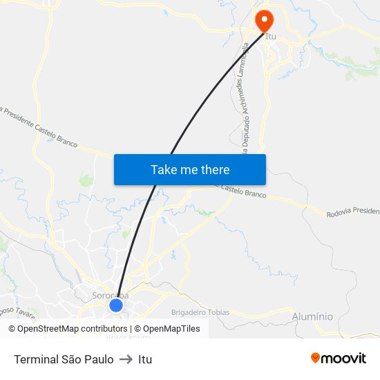 Terminal São Paulo to Itu map