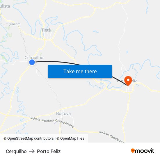 Cerquilho to Porto Feliz map