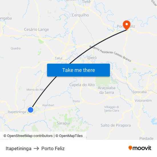 Itapetininga to Porto Feliz map