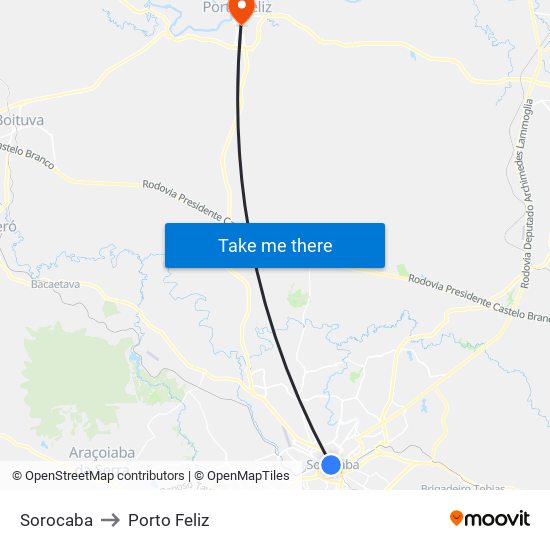 Sorocaba to Porto Feliz map