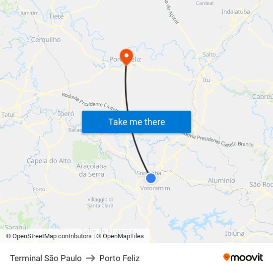 Terminal São Paulo to Porto Feliz map